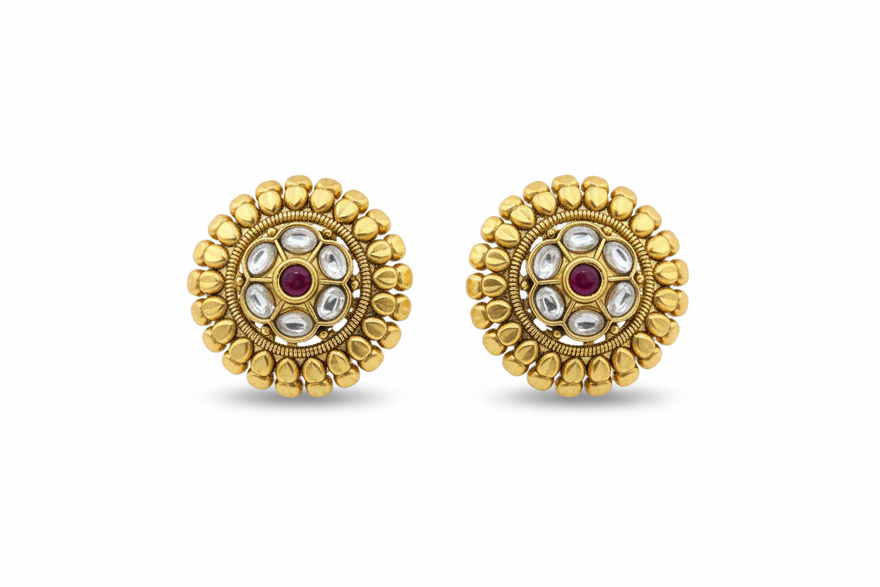 Temple Jewelry Stud Earrings - Gold Plated Kundan Stone Round Tops | Indian Bridal Antique Earrings