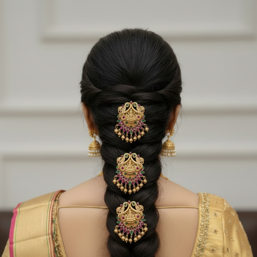 Lakshmi Temple Brooch hair pin Set 3 Piece Antique Gold Kundan Hair Pins