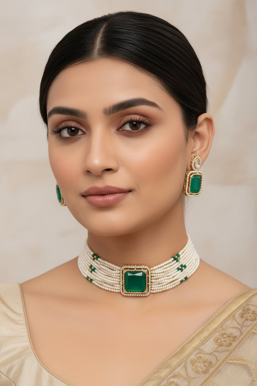 Beaded necklace and earrings with green stones on a white plate