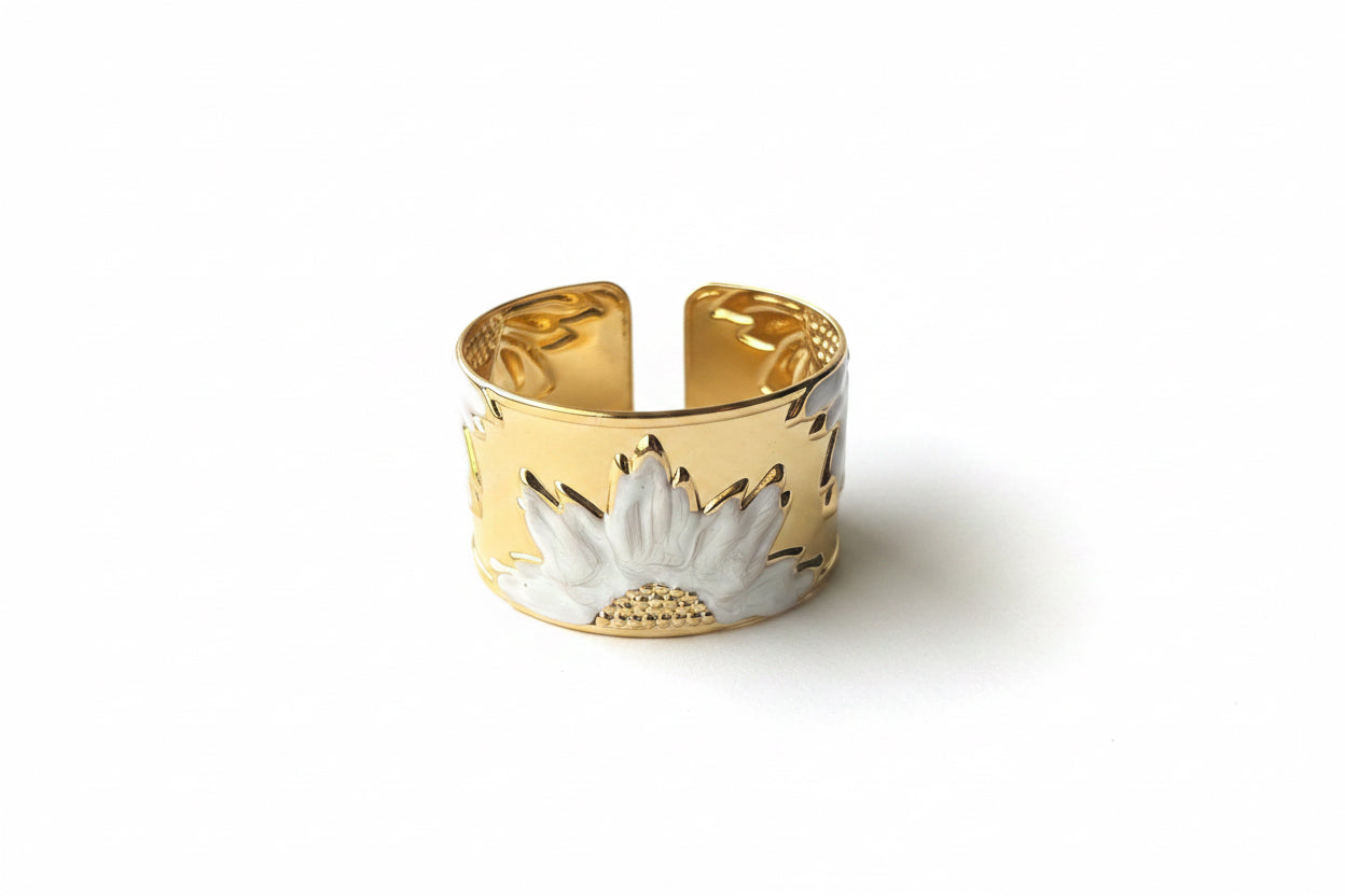 Gold Tone Sunflower Cuff Kada White Enamel Open-Back Bracelet