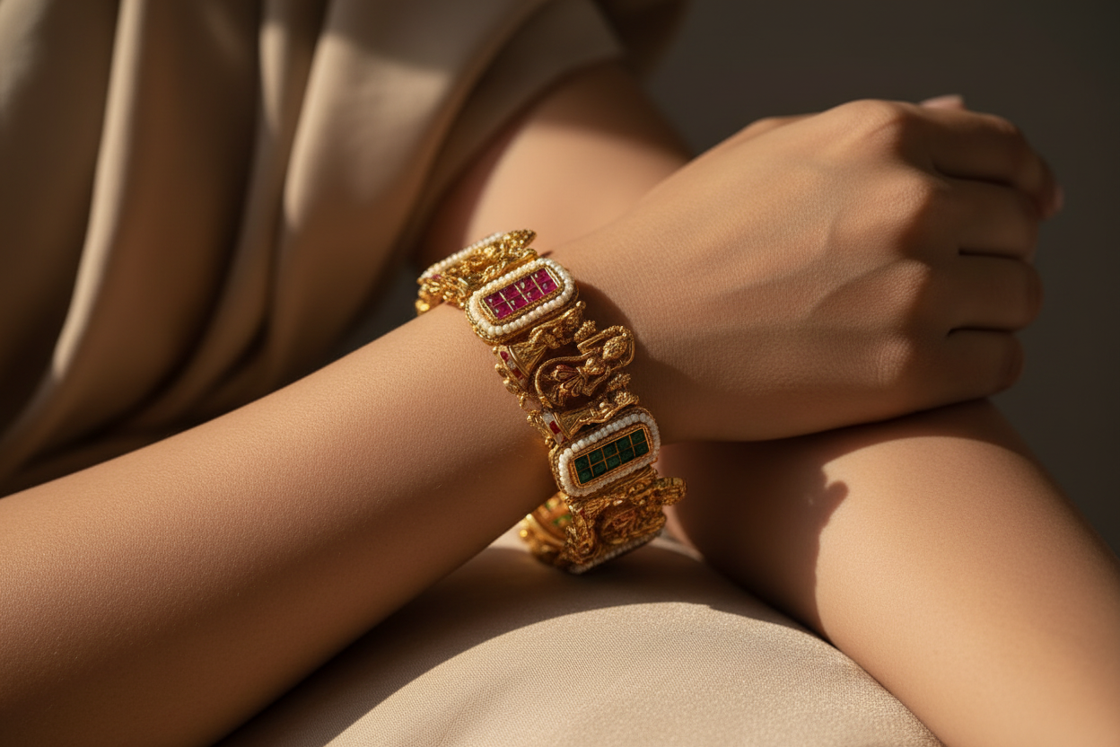 Antique Gold Meenakari Bangles – Traditional Indian Bridal Jewelry with Red Green Stones
