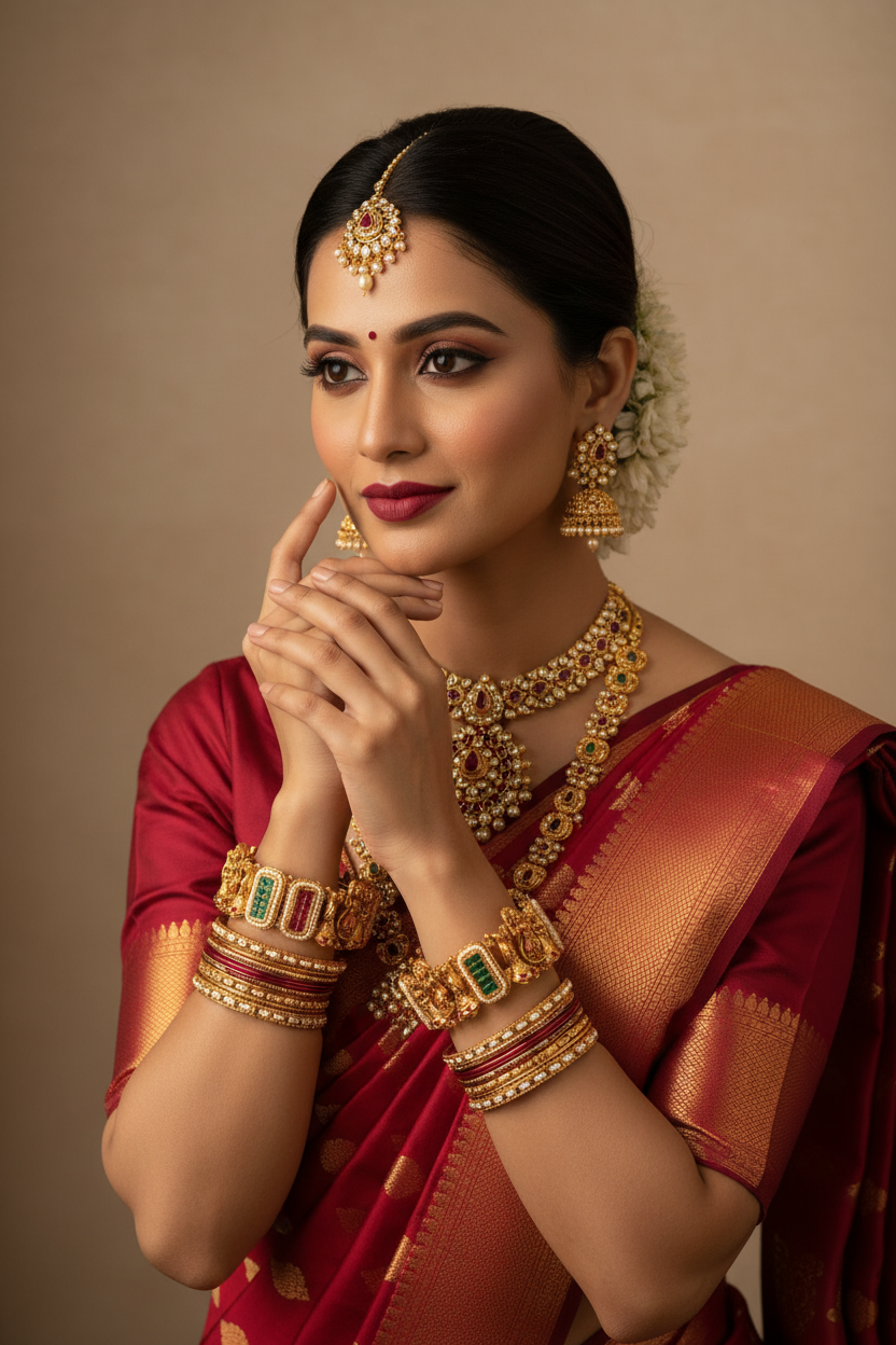 Antique Gold Meenakari Bangles – Traditional Indian Bridal Jewelry with Red Green Stones
