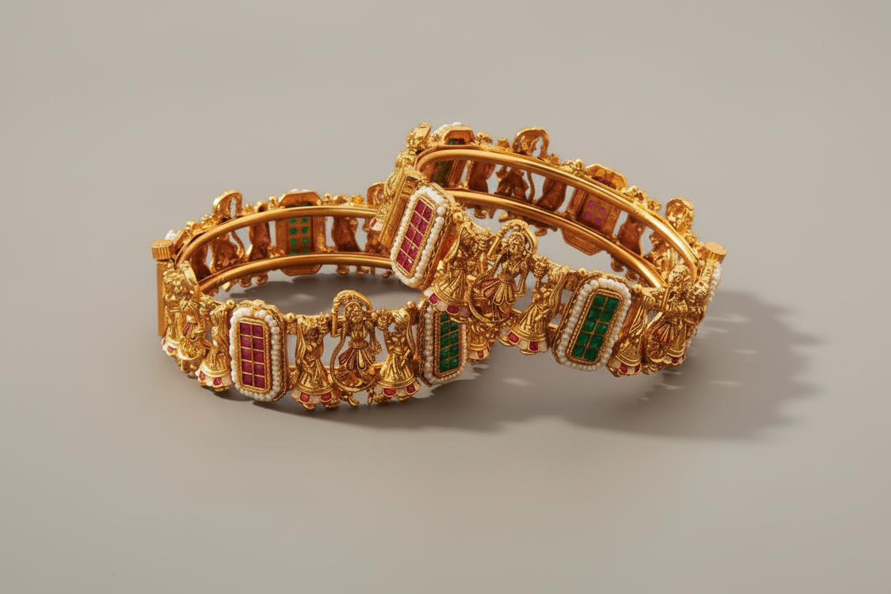 Pair of gold bracelets with gemstone accents on a gray background