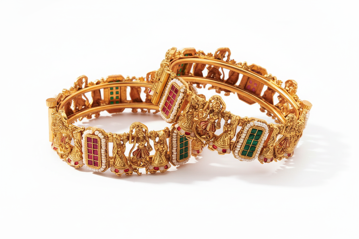 Gold bracelet with intricate designs and colored stones on a white background