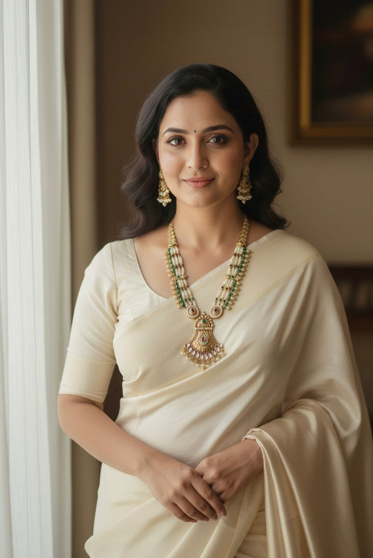 Woman in a white saree with gold jewelry indoors