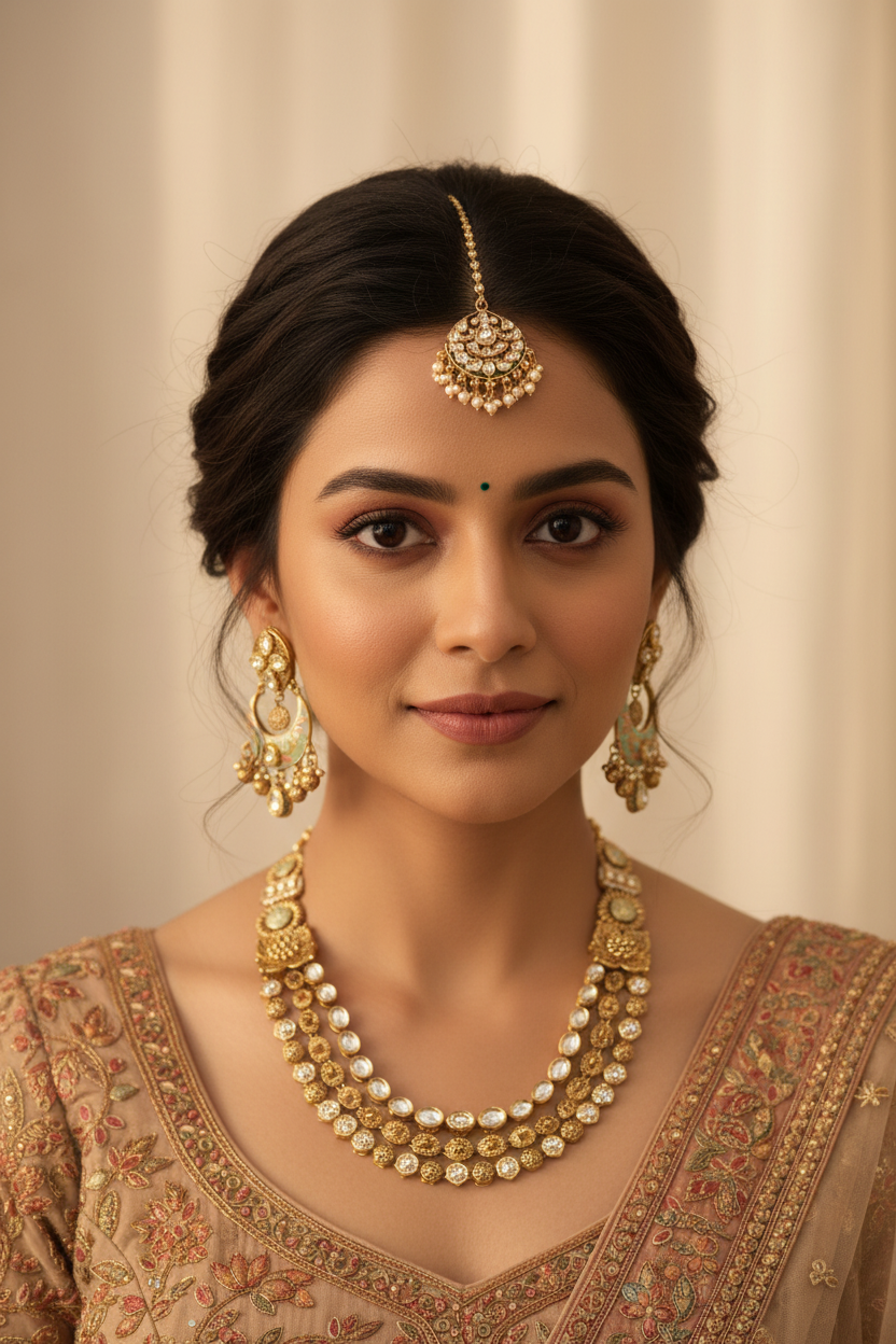 Temple Jewelry Necklace Set Antique Gold Kundan Meenakari with Chandbali Earrings