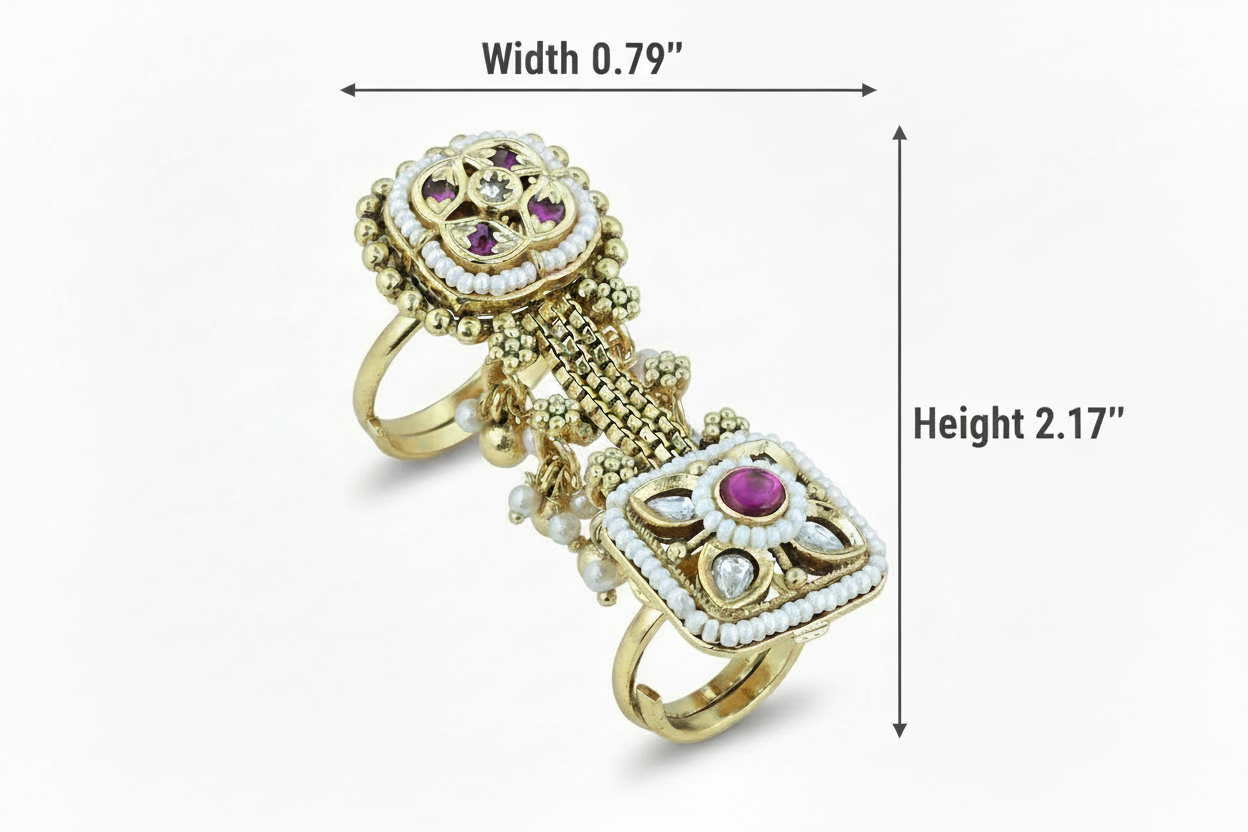 Gold tow finger ring with gemstones and measurements on a white background