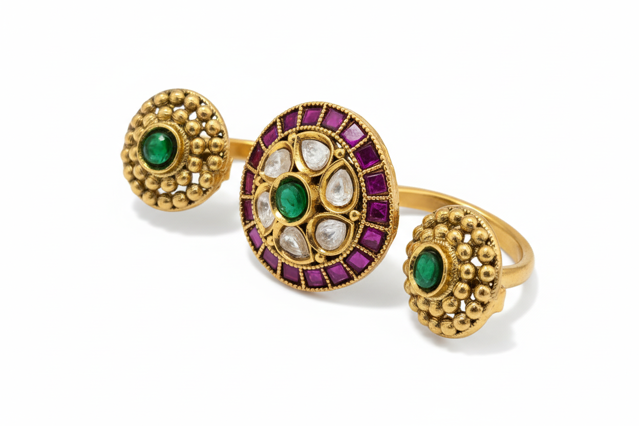 Gold ring with green and red gemstones on a pink background