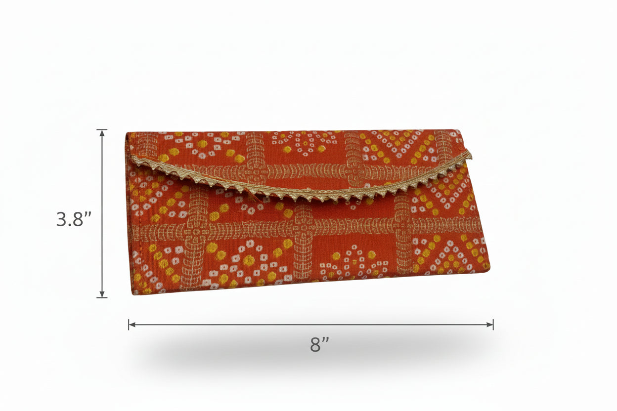 Bandhani Envelope Clutch with Golden Lace Trim - Traditional Tie-Dye Purse