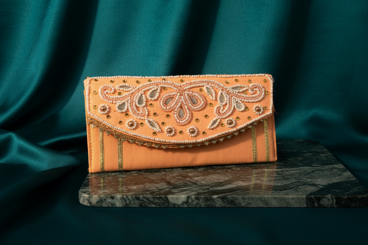 Decorative clutch bag with intricate patterns on a dark surface with teal fabric background