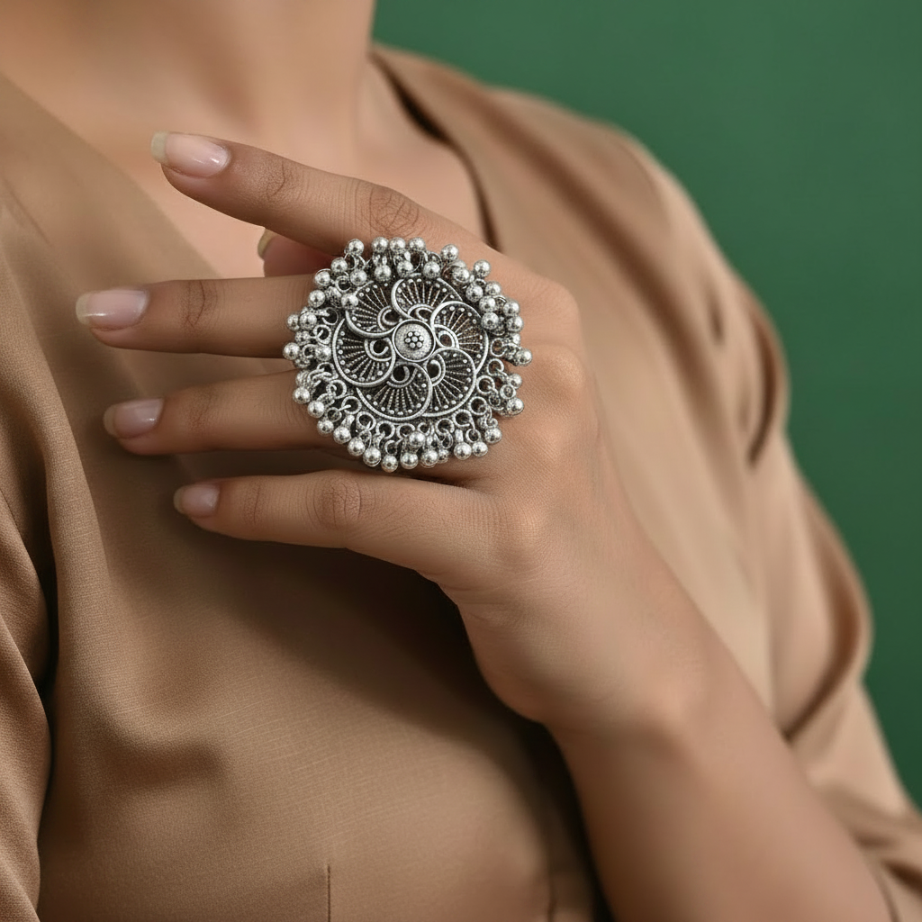 Oxidised Silver Paisley Filigree Cocktail Ring Ghungroo Ball Border Adjustable