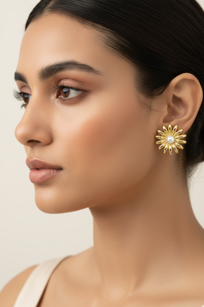 Pearl Center Round Stud Earrings | Anti-Tarnish Gold Tone Western Fashion Earrings | Everyday Ethnic Jewelry
