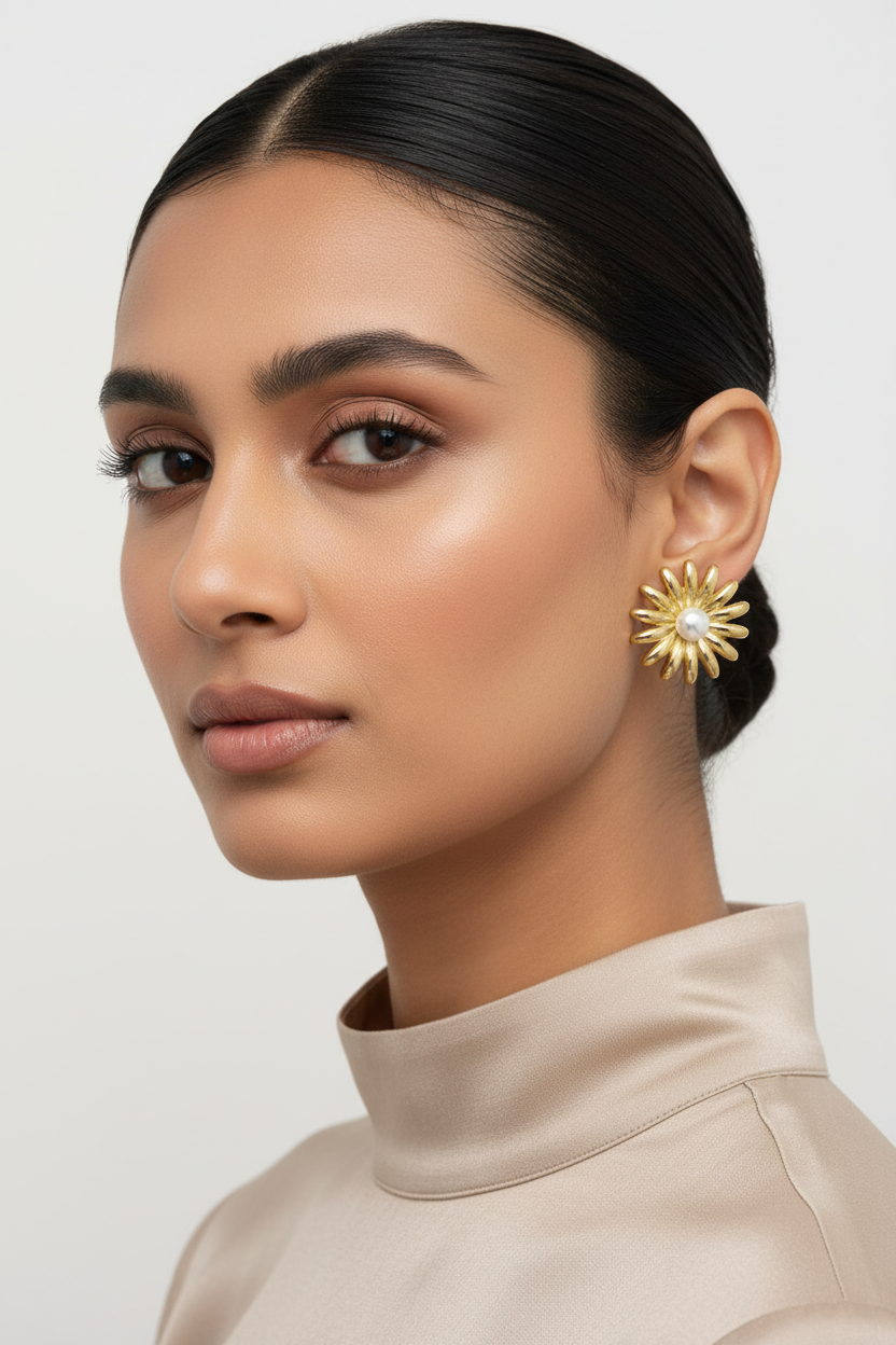 Pearl Center Round Stud Earrings | Anti-Tarnish Gold Tone Western Fashion Earrings | Everyday Ethnic Jewelry