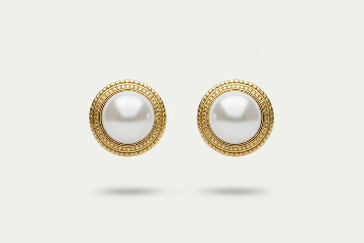 Pearl Bezel Stud Earrings | Textured Gold Tone, Anti-Tarnish Bridal Ethnic Jewelry