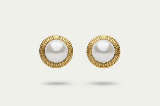 Pearl Bezel Stud Earrings | Textured Gold Tone, Anti-Tarnish Bridal Ethnic Jewelry