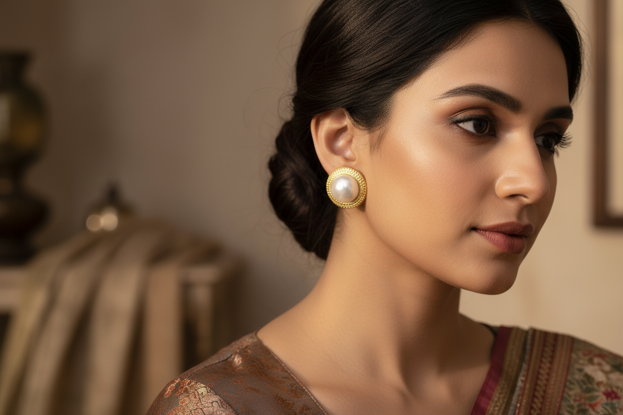 Woman wearing pearl earrings with a blurred background