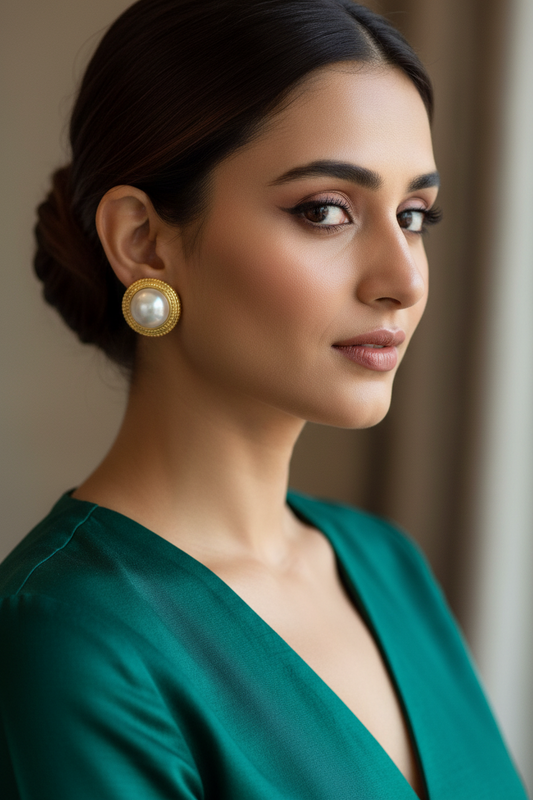 Pearl Bezel Stud Earrings | Textured Gold Tone, Anti-Tarnish Bridal Ethnic Jewelry