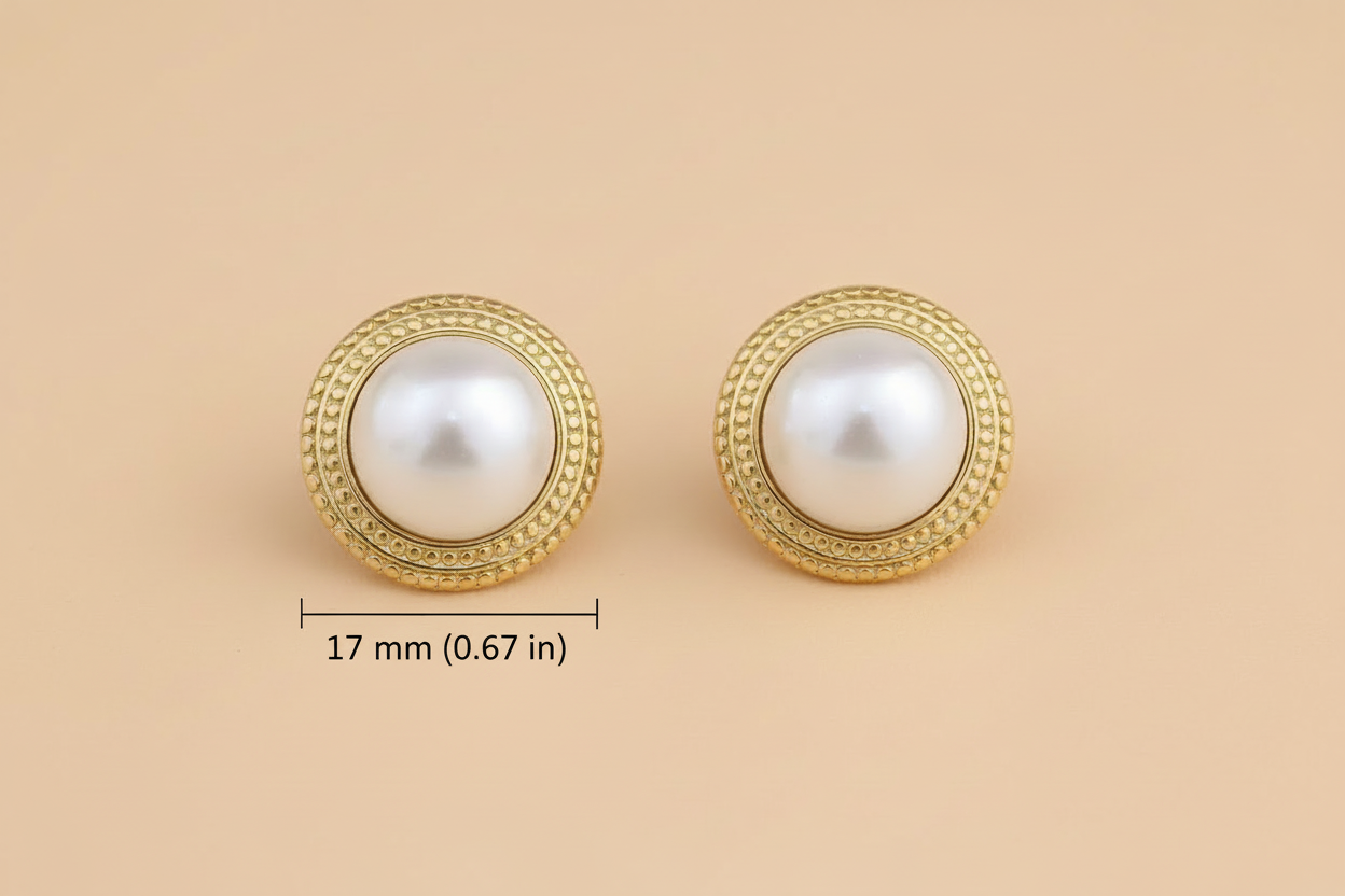 Pearl Bezel Stud Earrings | Textured Gold Tone, Anti-Tarnish Bridal Ethnic Jewelry