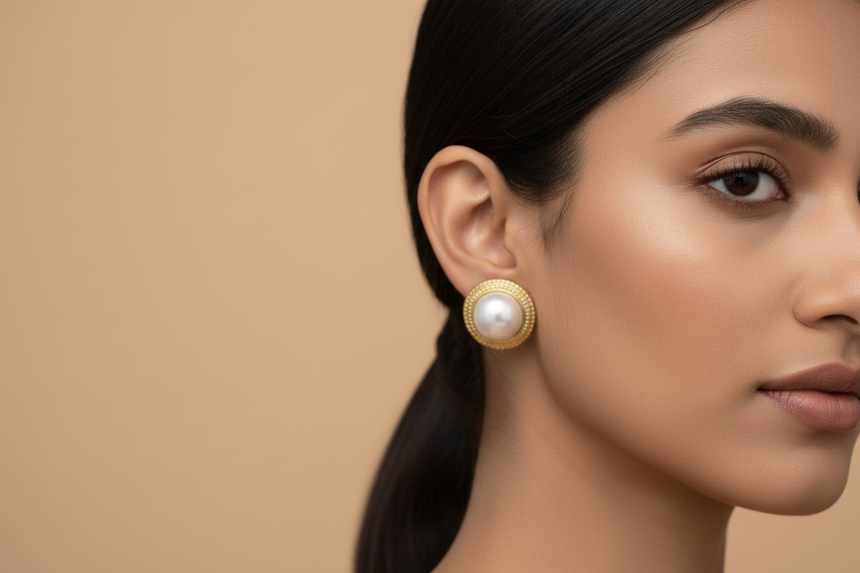 Pearl Bezel Stud Earrings | Textured Gold Tone, Anti-Tarnish Bridal Ethnic Jewelry