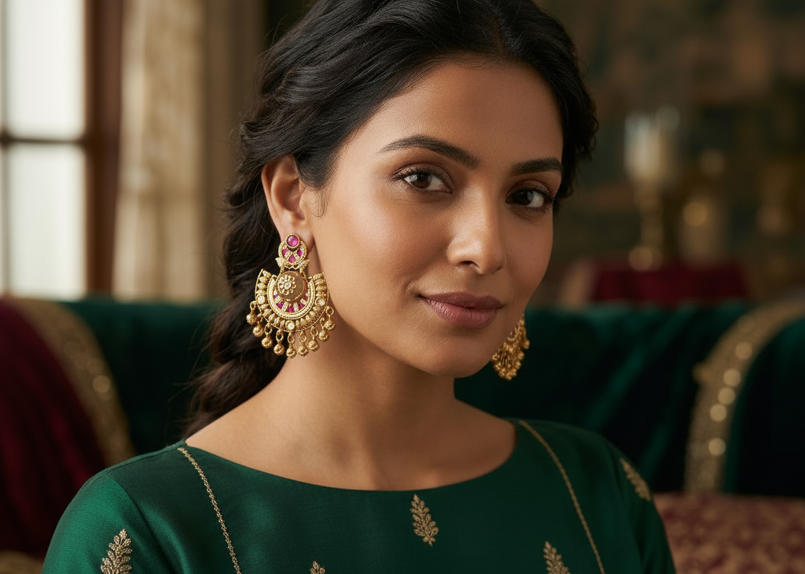 Woman wearing gold earrings and a green traditional outfit indoors