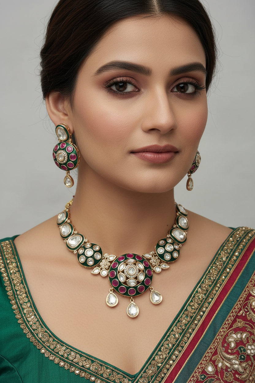 Woman wearing a traditional necklace and earrings with a saree against a gray background
