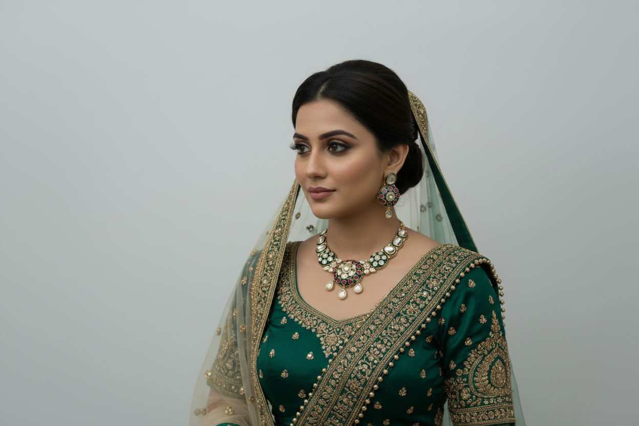 Woman in traditional green and gold outfit with jewelry against a plain background