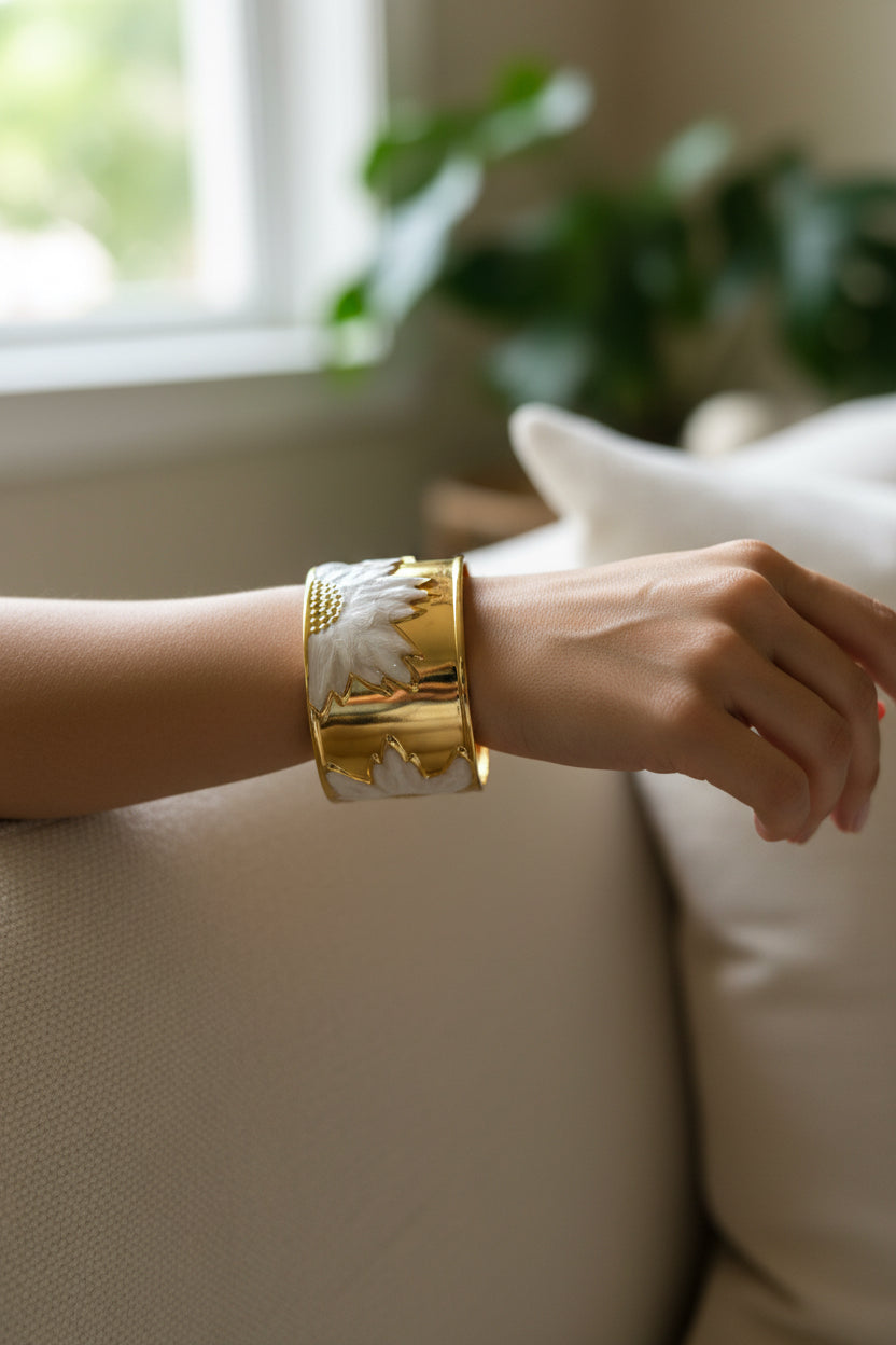 Gold Tone Sunflower Cuff Kada White Enamel Open-Back Bracelet