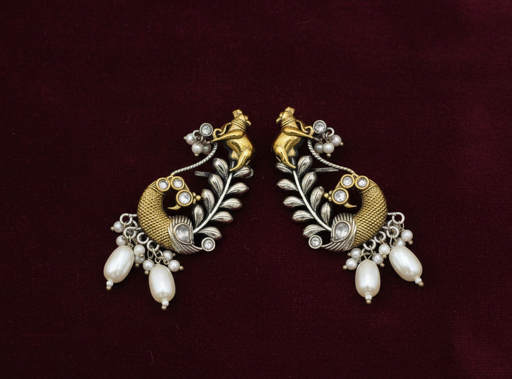 Peacock Motif Cuff Earrings - Temple Inspired Chandbali Style