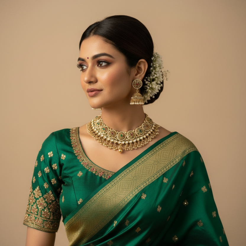 Woman wearing traditional jewelry and a saree against a beige background