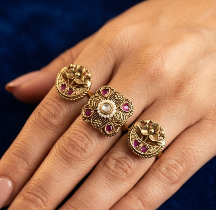Antique gold plated Linked Finger Ring Set Kundan Floral Square with Ruby & Pearl Halo