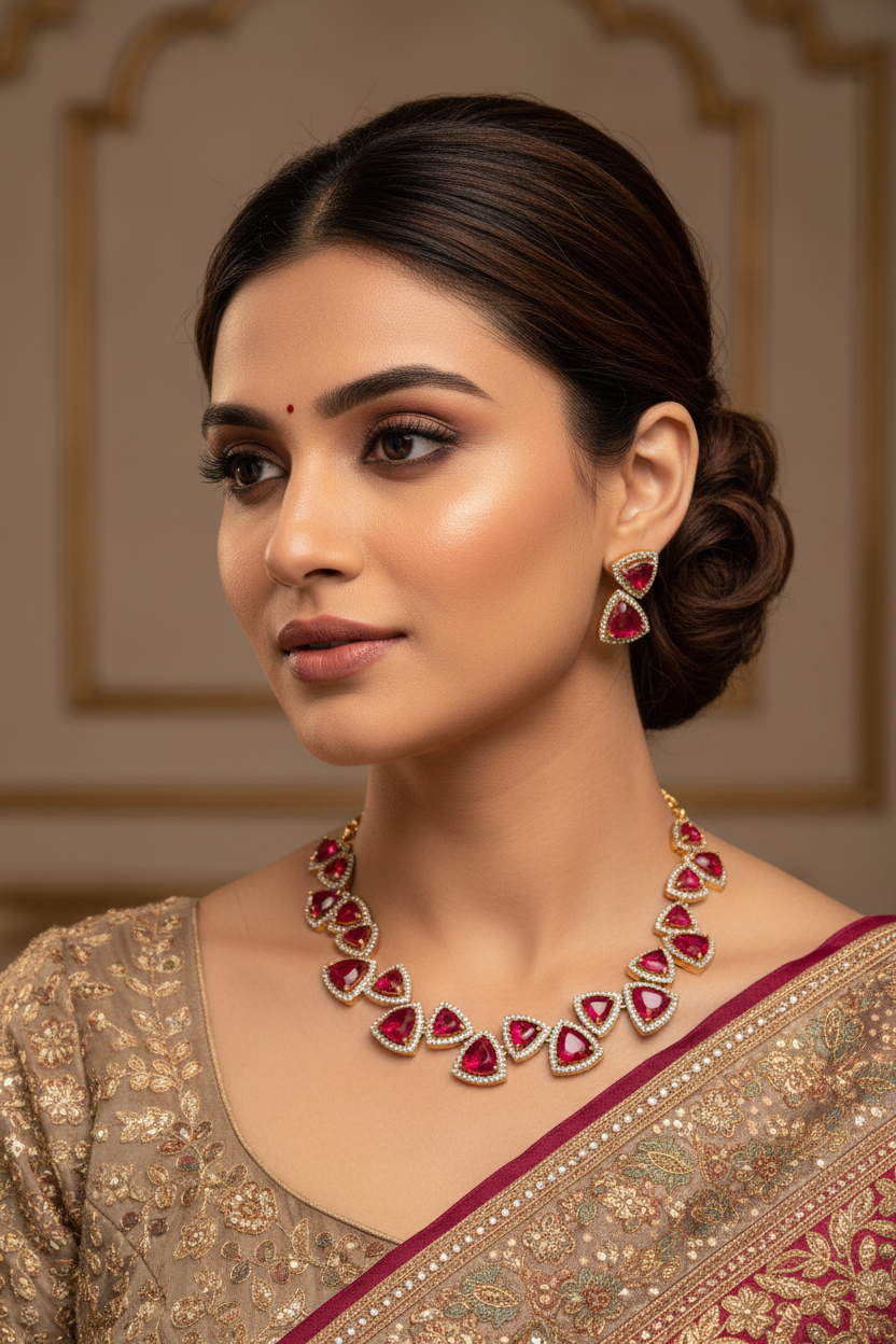 Ruby Red Temple Necklace Set with Matching Earrings