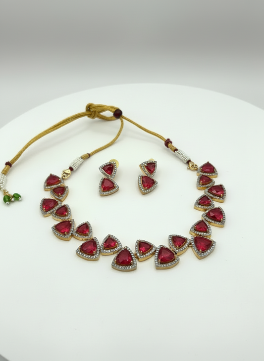 Ruby Red Temple Necklace Set with Matching Earrings