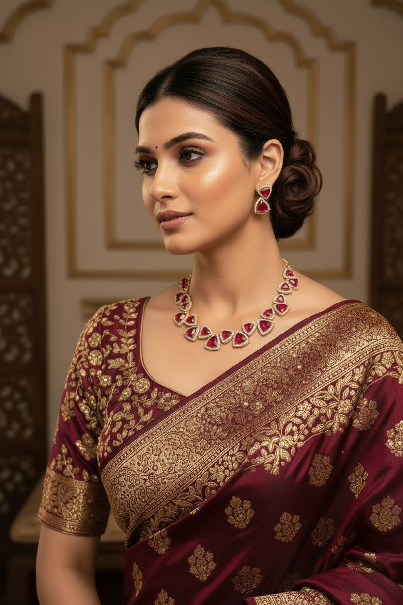 Ruby Red Temple Necklace Set with Matching Earrings