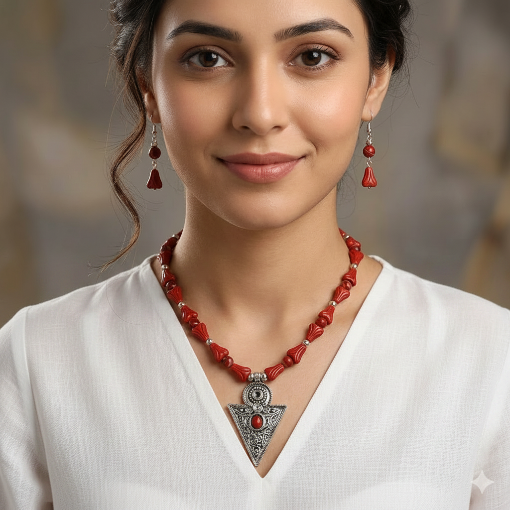 Woman wearing a red necklace and earrings with a blurred background