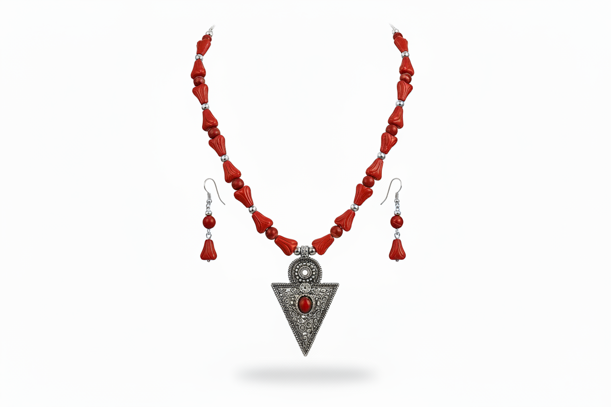 Red Coral Bead Necklace Set Oxidised Silver Arrowhead Pendant with Matching Drop Earrings