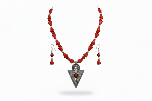 Red Coral Bead Necklace Set Oxidised Silver Arrowhead Pendant with Matching Drop Earrings