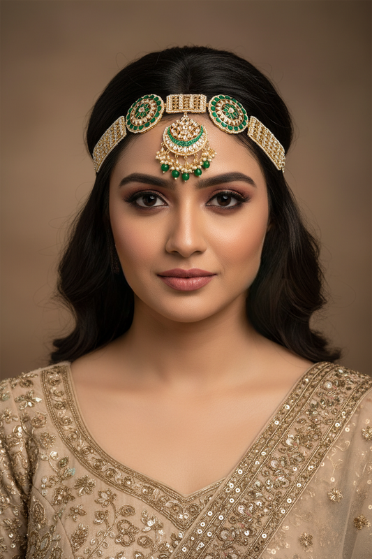 Meenakari Shishphool Gold Plated Green Kundan Passa Jhoomar Bridal Hair Jewelry