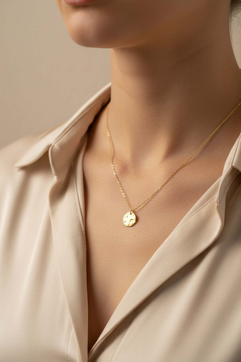 Gold necklace with a round pendant worn by a person in a beige shirt.