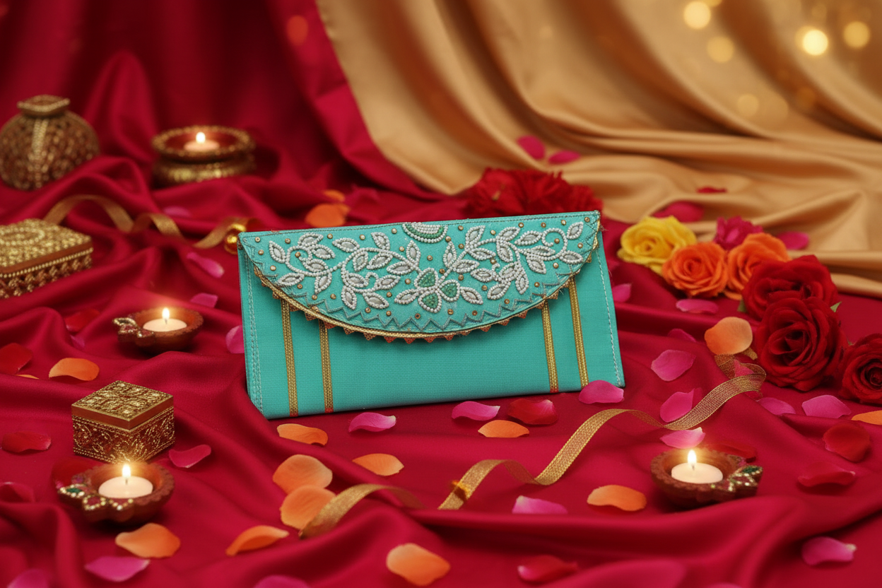 Turquoise clutch bag with floral embroidery on a red fabric background with candles and flowers.