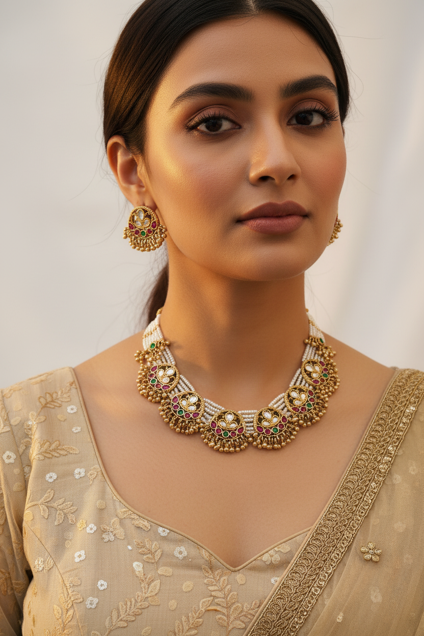 Woman wearing gold jewelry including a necklace and earrings against a plain background