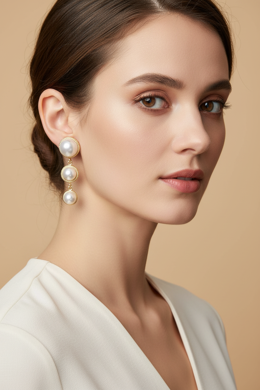 Woman wearing three pearl drop earrings  against a beige background