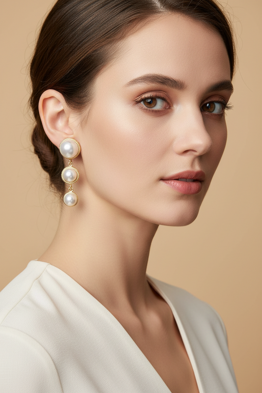 Woman wearing three pearl drop earrings  against a beige background