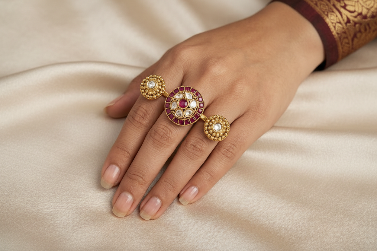 Hand wearing gold rings with gemstones, next to a box and more gemstones on a dark surface.
