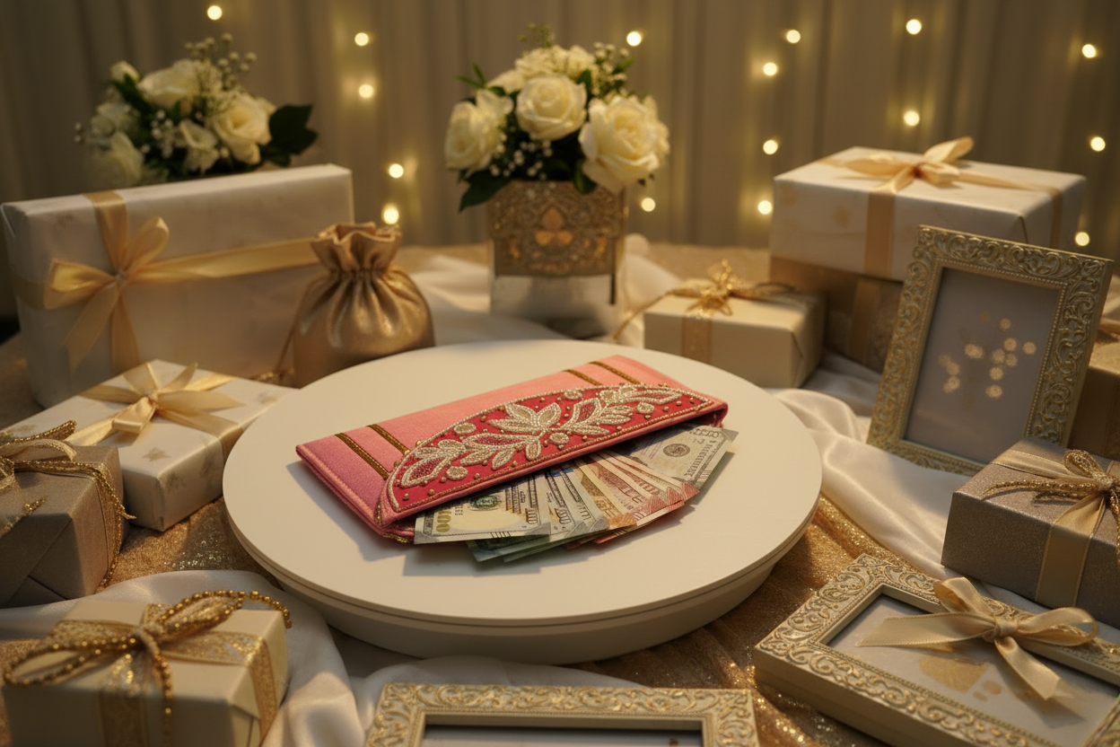 Table with presents, money, and decorative items on a warm-toned background