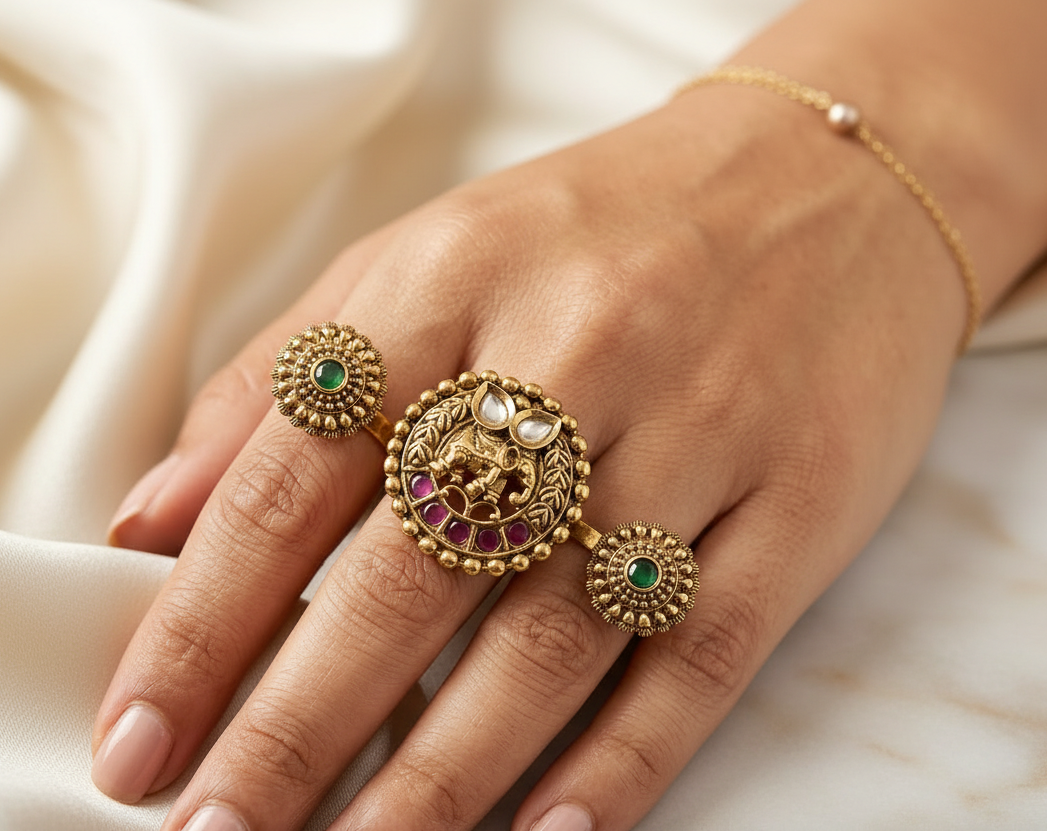 Antique Double Finger Ring Set Elephant Motif Kundan with Ruby & Floral Side Rings