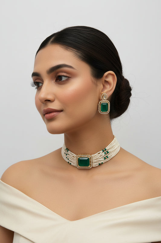 green necklace earrings on a white plate
