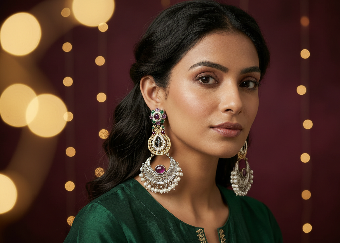 Woman wearing large, ornate earrings against a green background