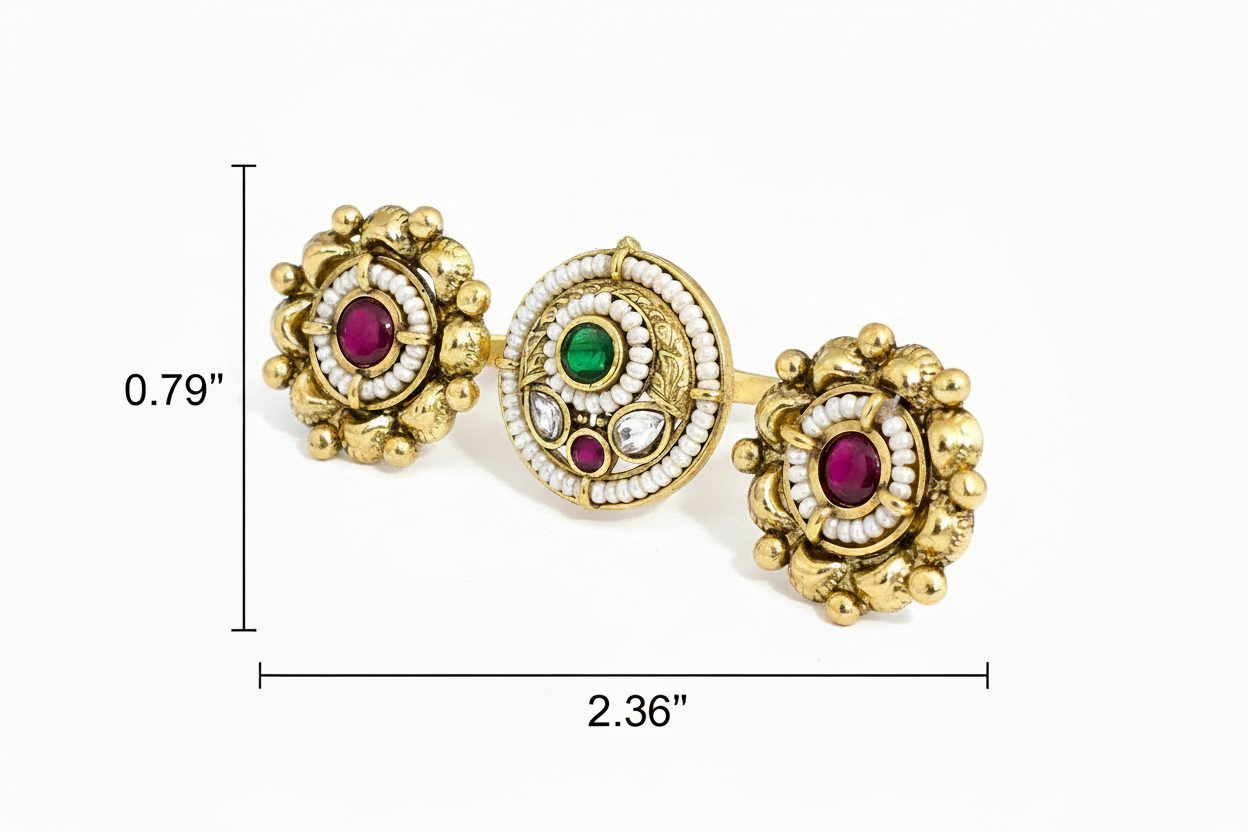 Gold tow finger ring with gemstones and measurements on a white background