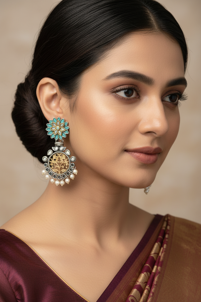 Lotus Temple Earrings with Pearl Drops - Oxidized Silver Chandbali