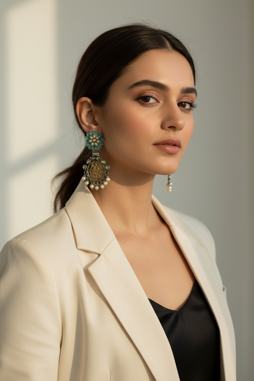 Lotus Temple Earrings with Pearl Drops - Oxidized Silver Chandbali